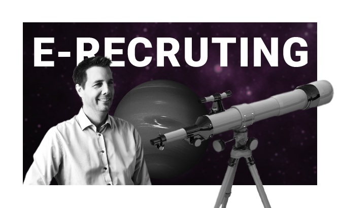 Visualisierung von E-Recruiting-Dienstleistungen: Agenturinhaber mit Teleskop vor Weltraumhintergrund.