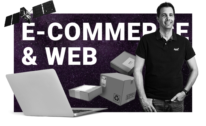 Visualisierung von E-Commerce- und Web-Dienstleistungen: Agenturinhaber mit Laptop und Paketen vor Weltraumhintergrund.